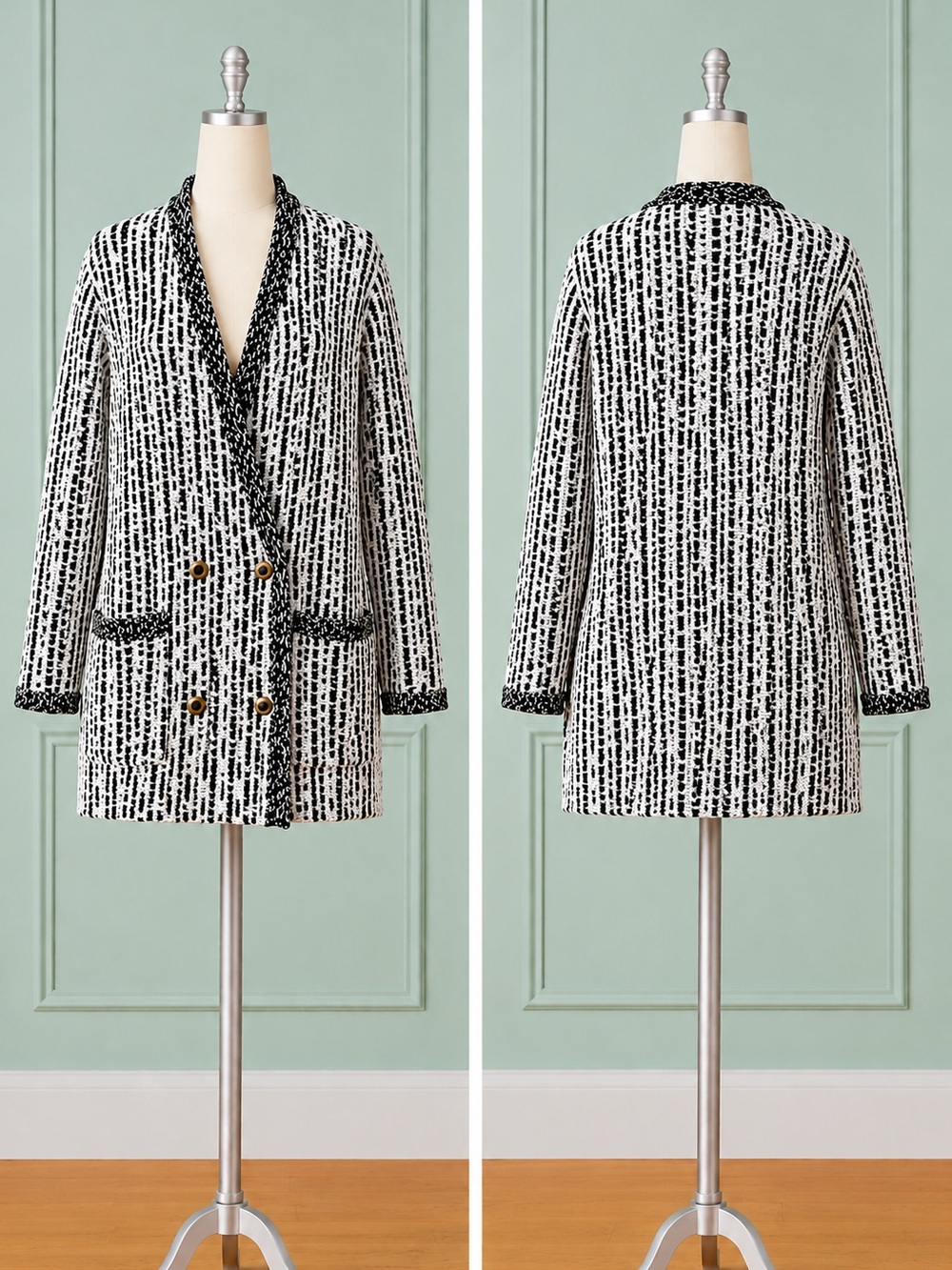 Zara—S, Black/White Cardigan, Double Breasted, Bouclé-like Trim, Gold/Buttons